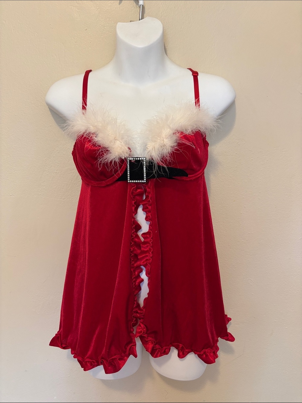 Secret Treasures Red Velvet Babydoll with White Feather Trim